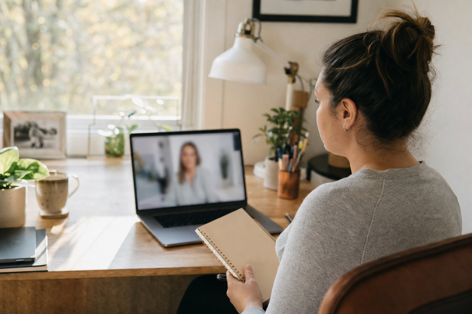 Person attending a telehealth check-in while holding a notebook at a home desk