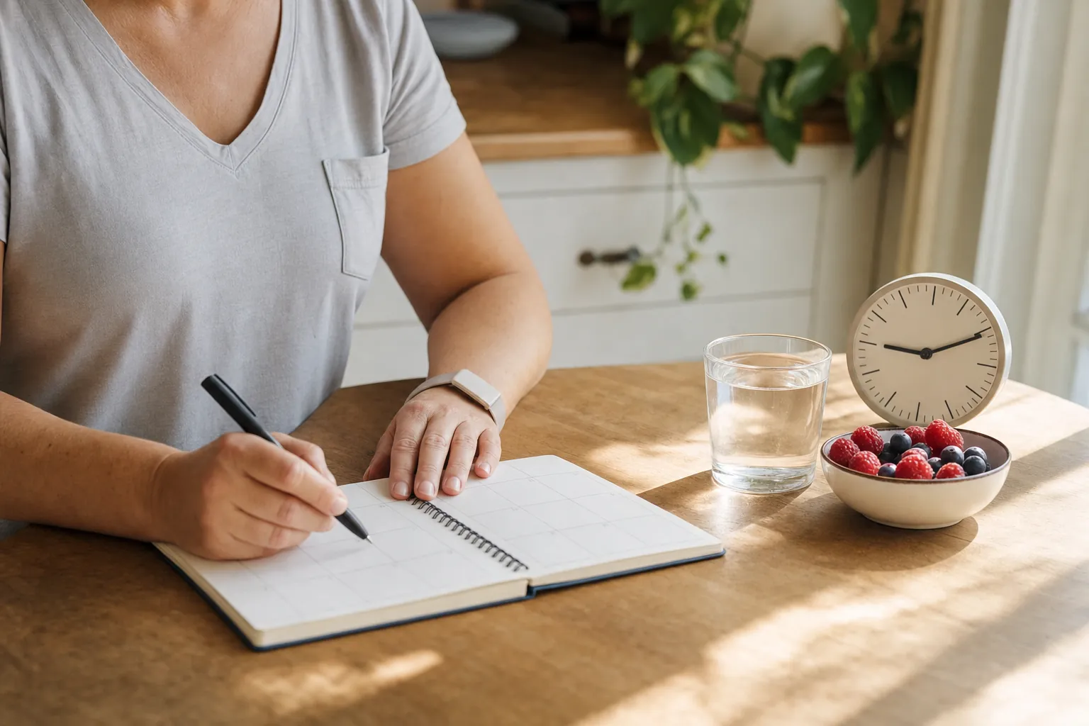 Person writing in a blank weekly planner beside water, berries, and a clock