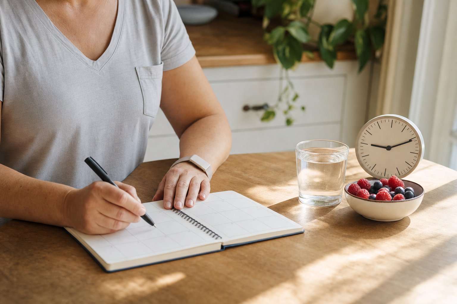 Person writing in a blank weekly planner beside water, berries, and a clock