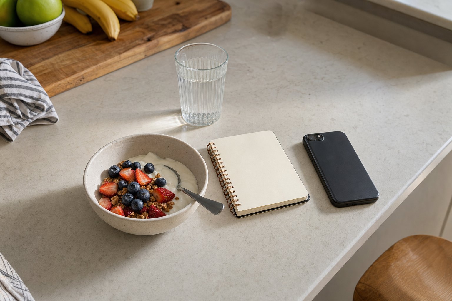 Yogurt, fruit, water, a notebook, and a phone arranged on a kitchen counter