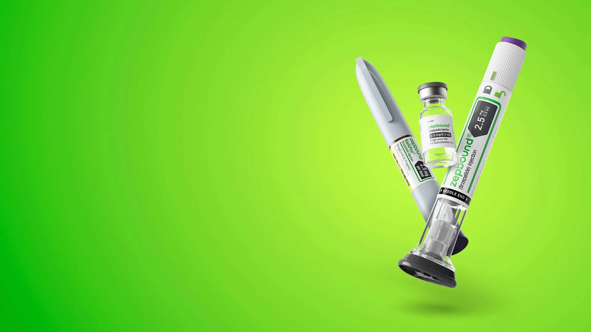 Zepbound injection pen and vial on a green background