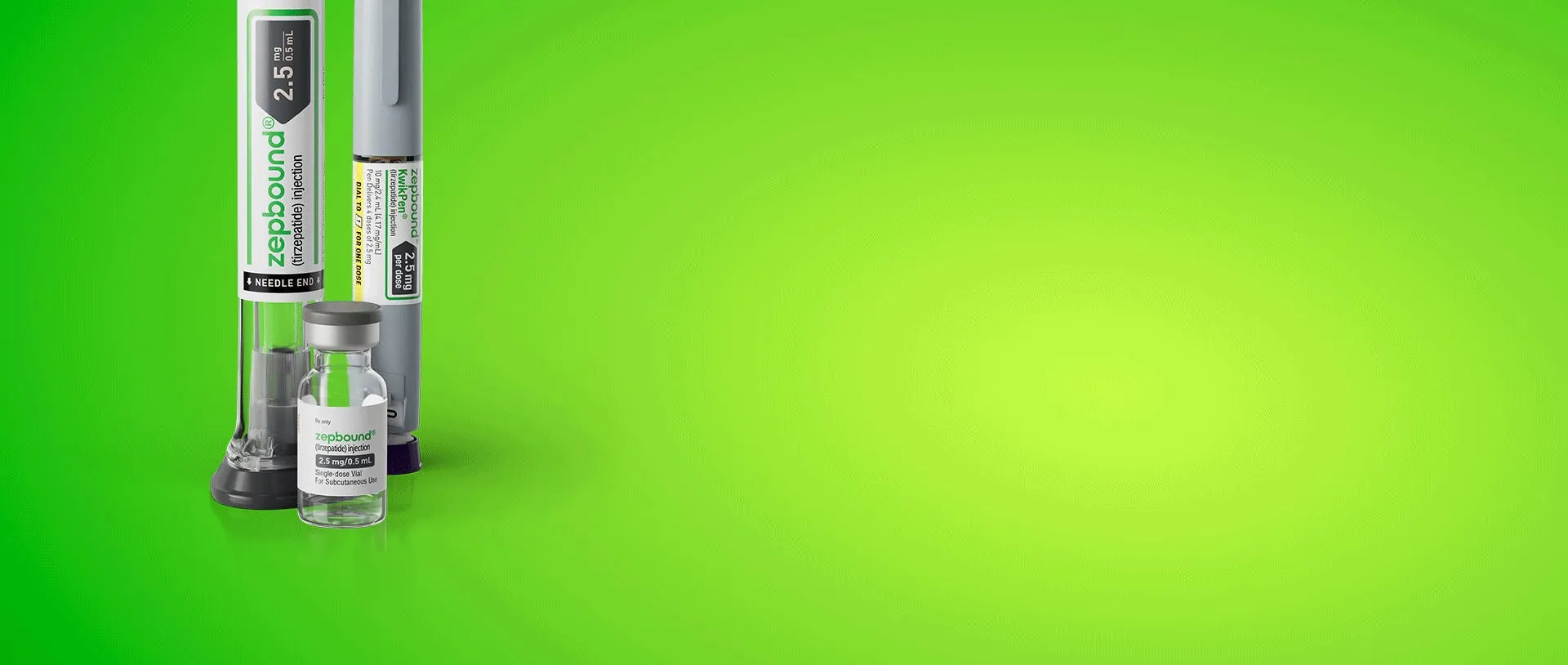 Zepbound injection pen and vial options shown on a green background