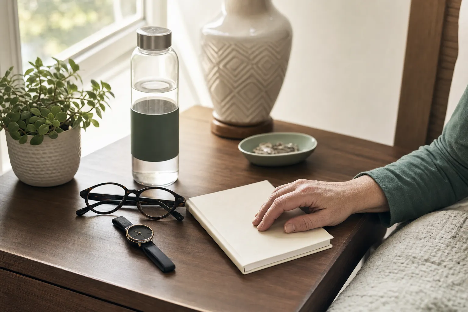 Person resting a hand on a blank notebook beside water, glasses, and a watch