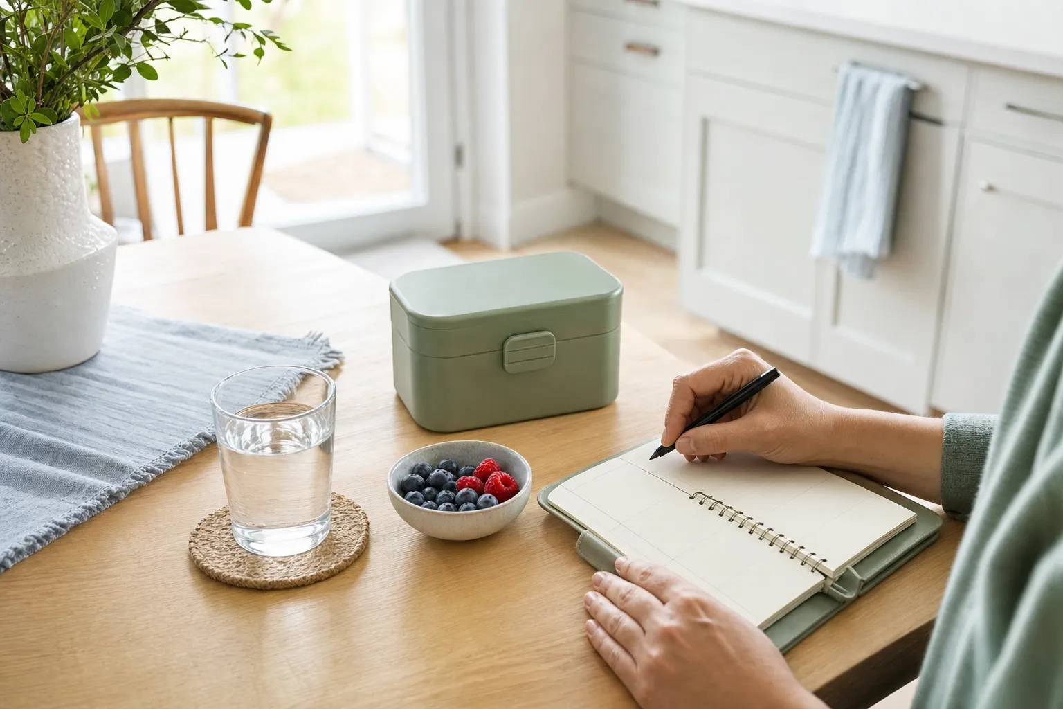 Person writing in a blank planner beside water and berries at a kitchen table