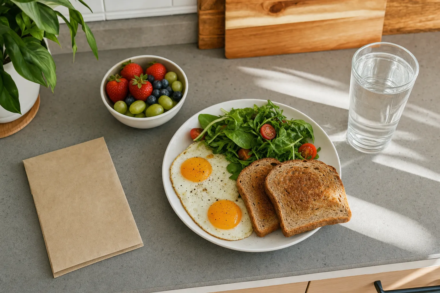 Balanced breakfast, fruit, and water prepared on a kitchen counter