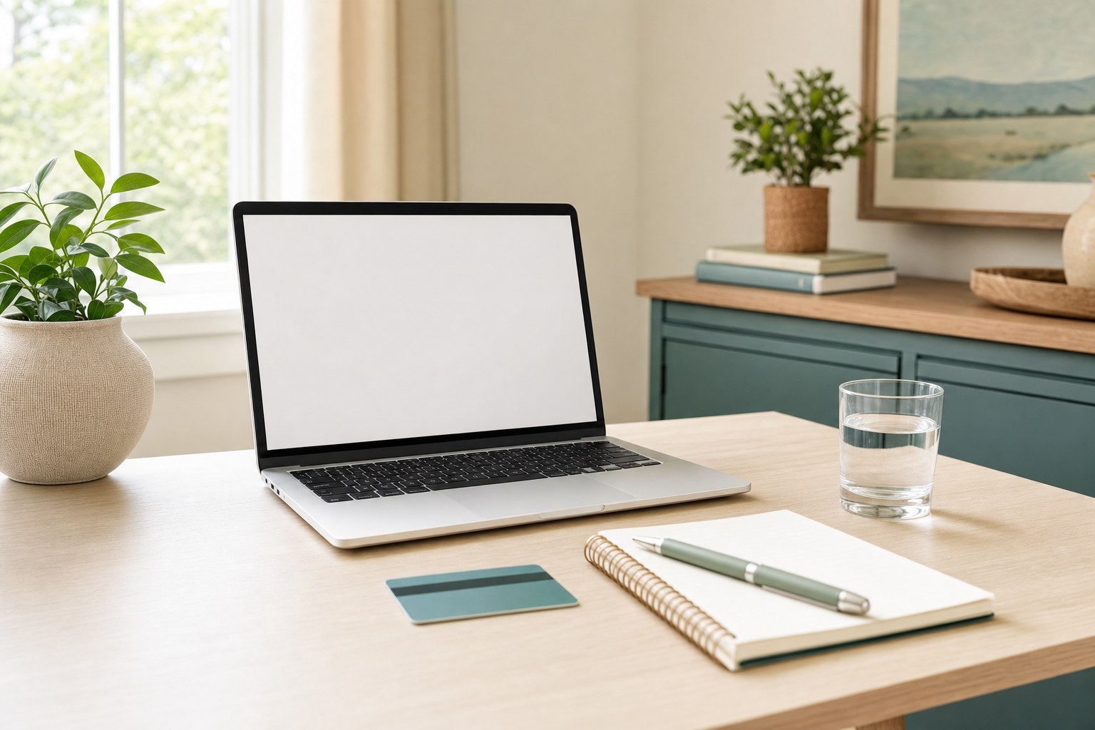 Laptop, notebook, insurance card, and water prepared for a virtual medical appointment
