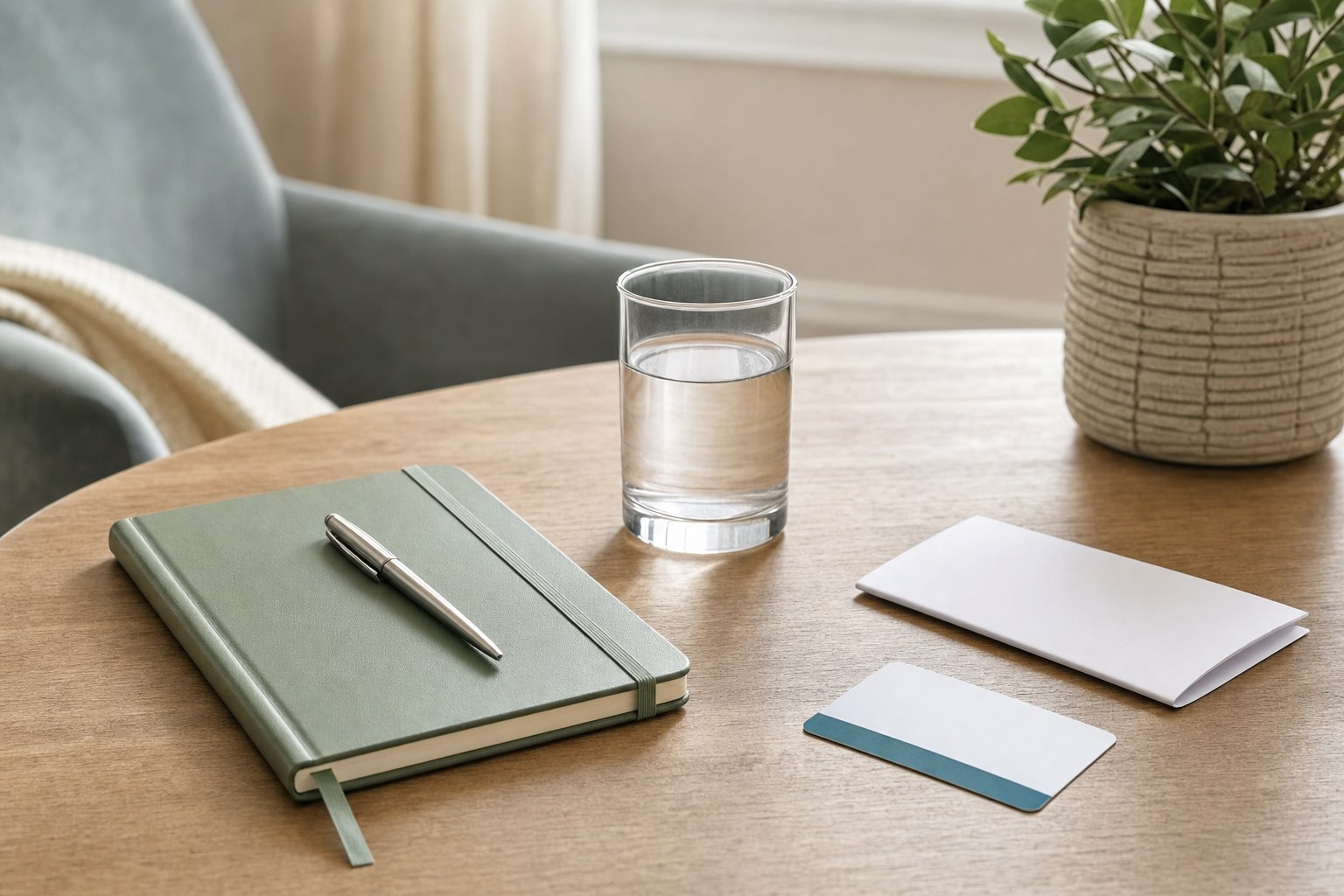 Notebook, pen, insurance card, and water prepared for a medical appointment