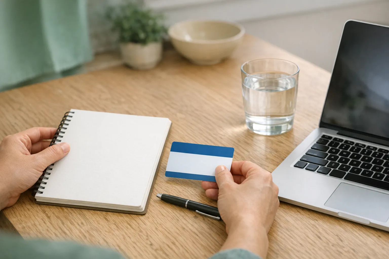 Notebook, health plan card, laptop, and water prepared for a virtual appointment