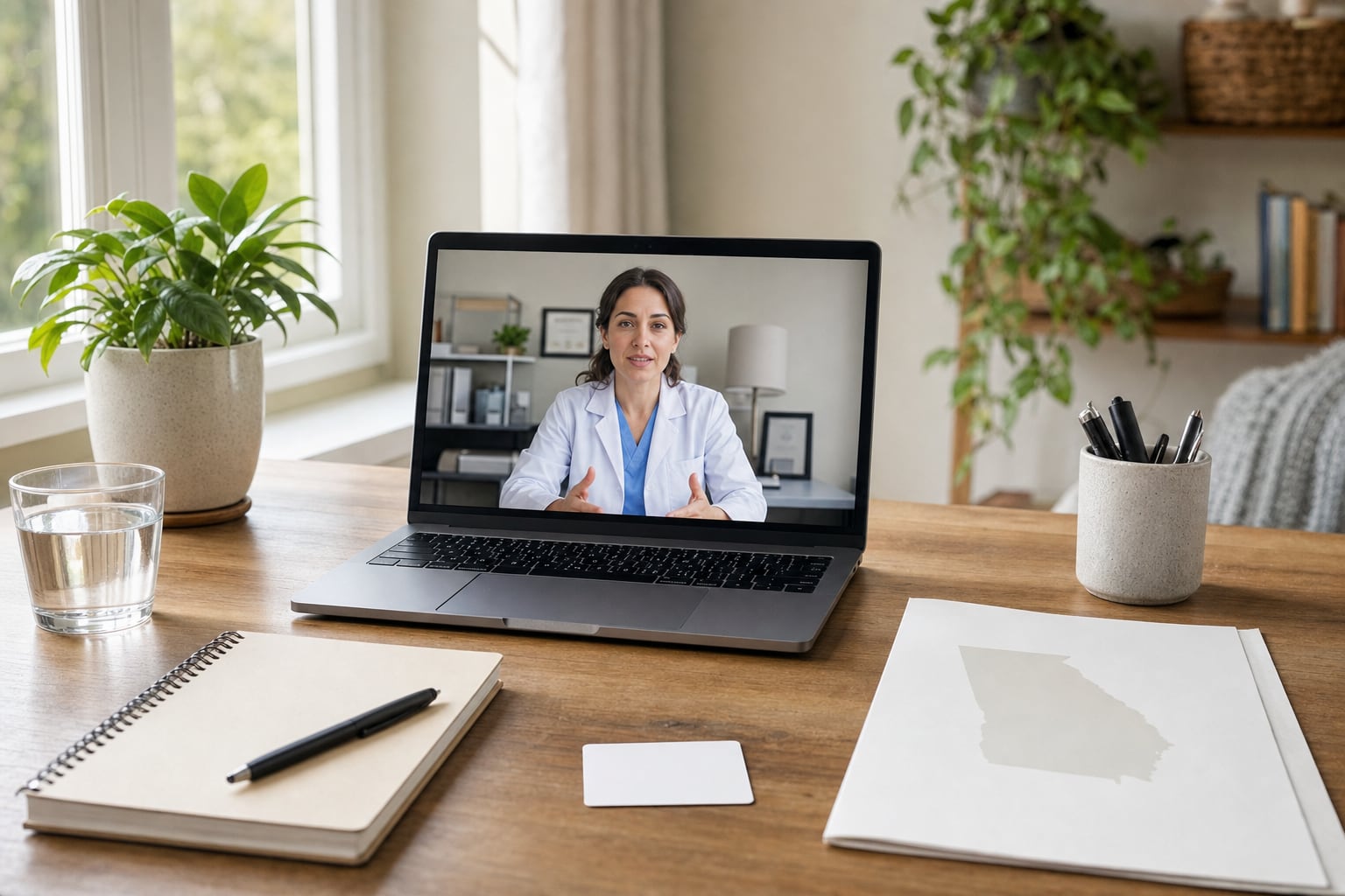 Virtual medical appointment on a laptop beside a notebook and insurance card