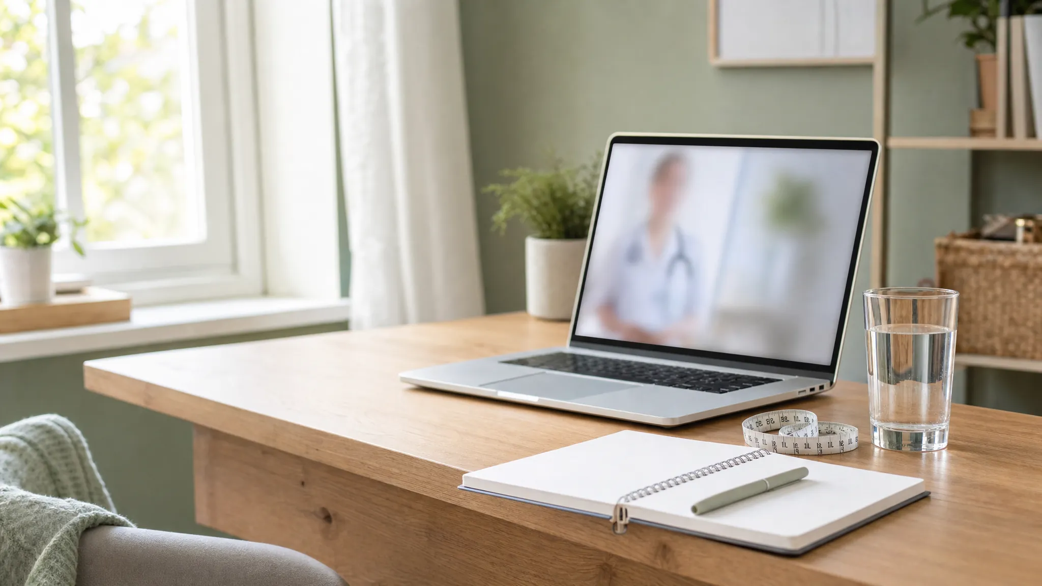 Telehealth medical visit displayed on a laptop beside a notebook and measuring tape