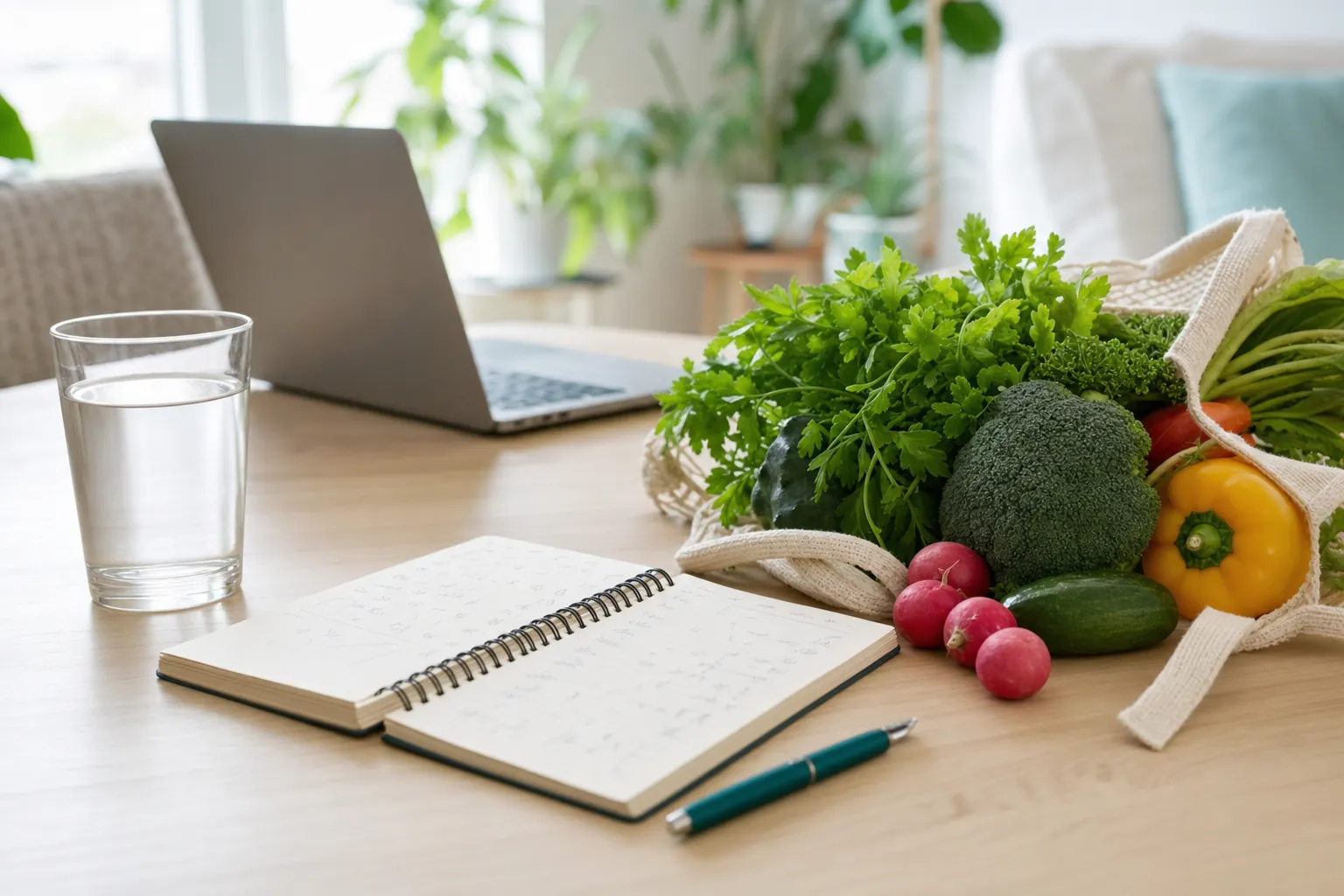 Health-planning notes and fresh ingredients on a table