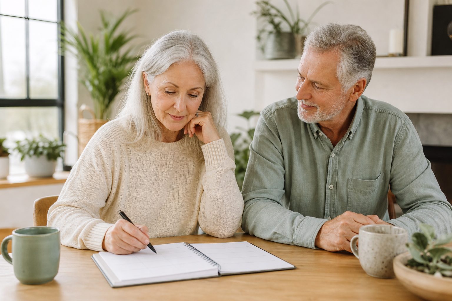 An older woman reviewing a paper planner with her partner beside her.
