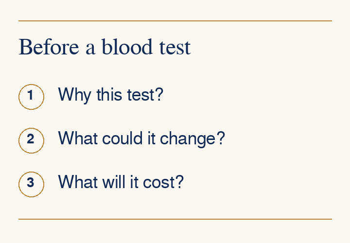 Before a blood test: Why this test?, What could it change?, What will it cost?. Ask before scheduling the blood draw.