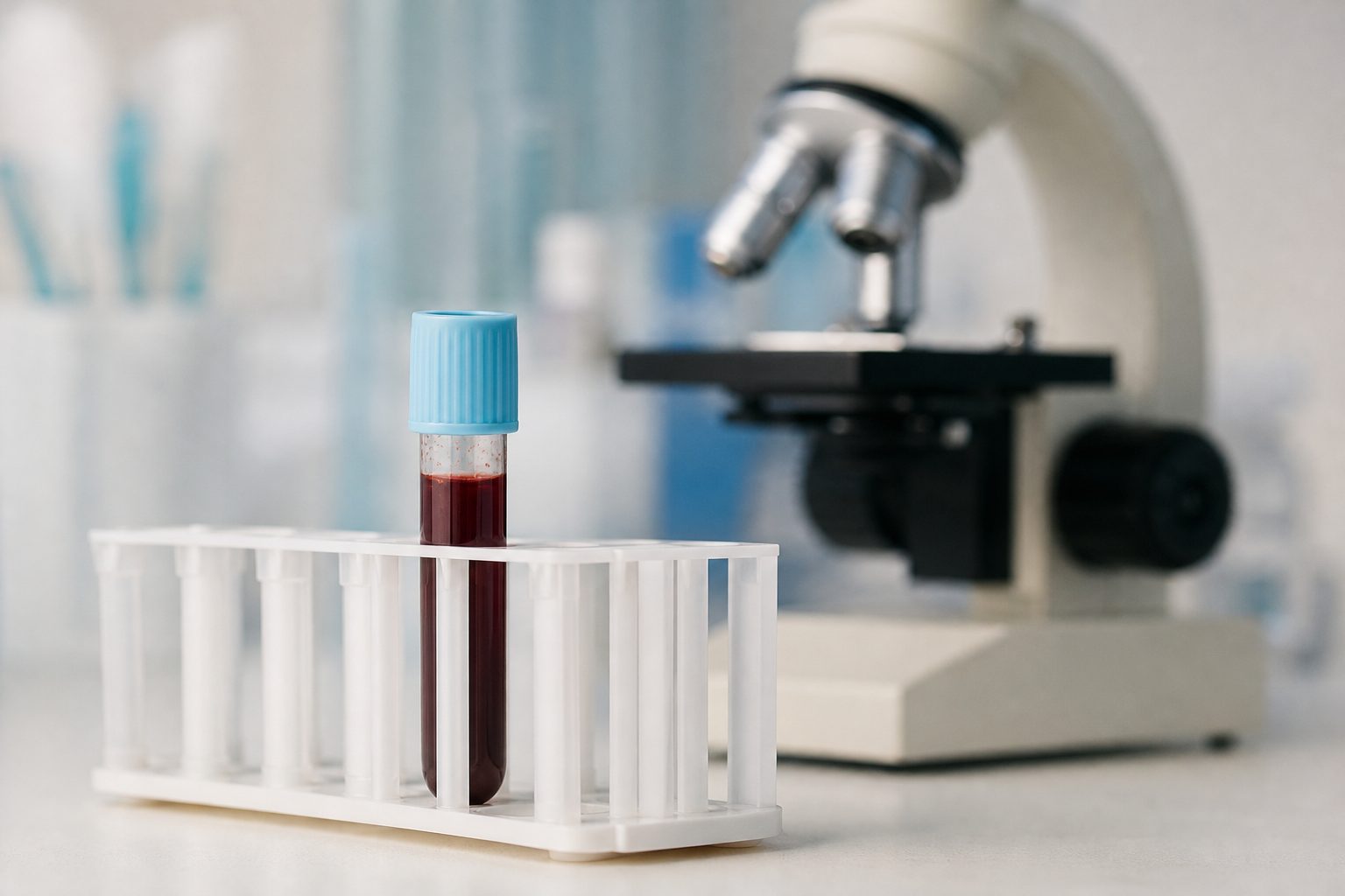 A capped blood specimen tube in a laboratory rack beside a microscope
