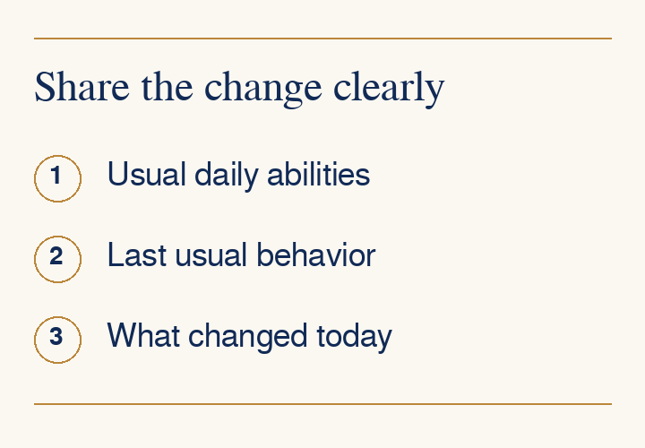 Share the change clearly: Usual daily abilities, Last usual behavior, What changed today. Give responders the details you know.