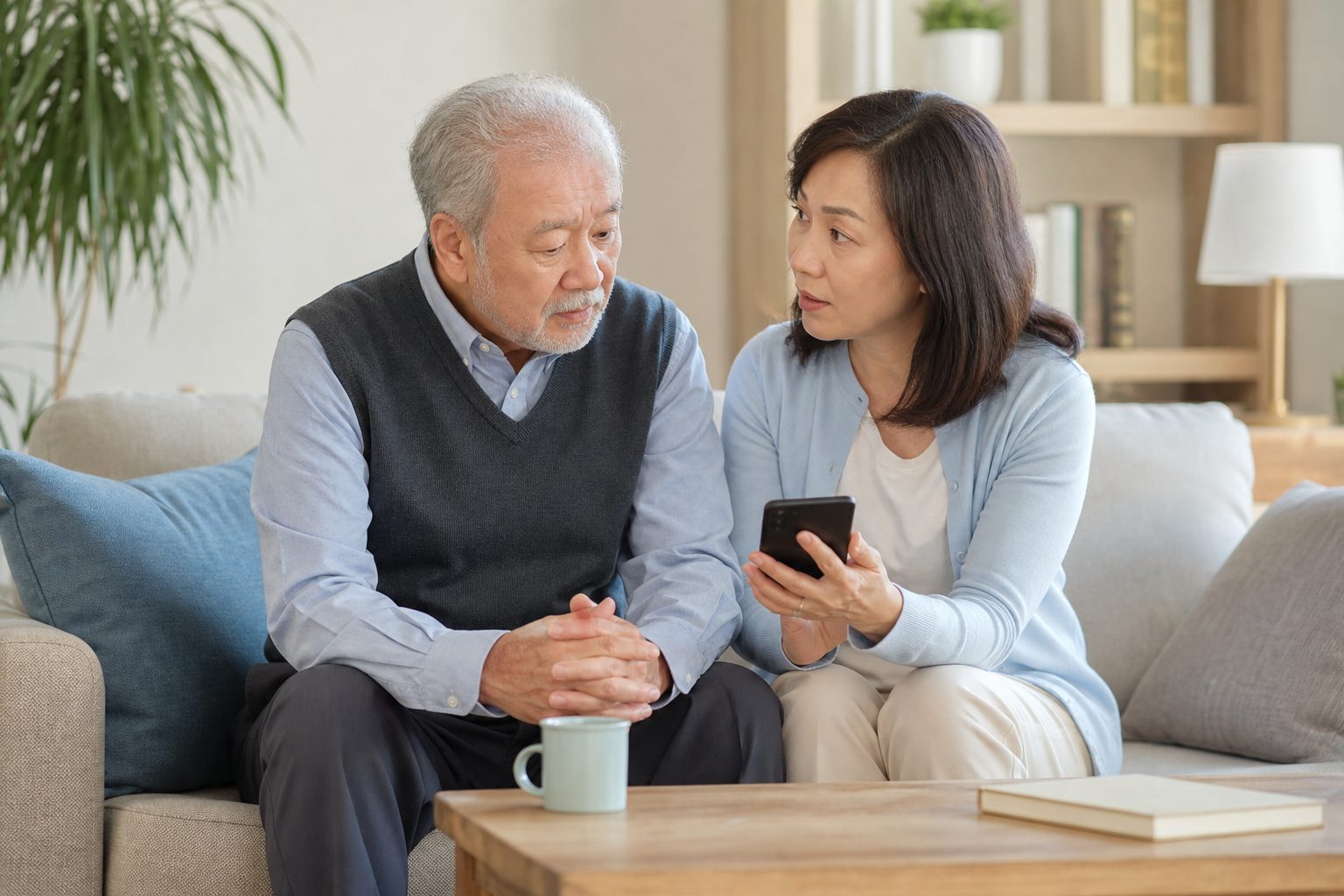An adult daughter supporting her older father while holding a phone