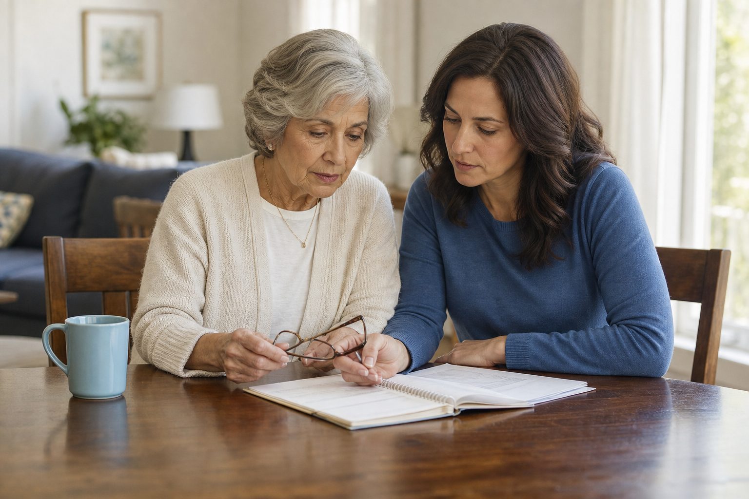 An older woman and her daughter reviewing a notebook before a memory evaluation