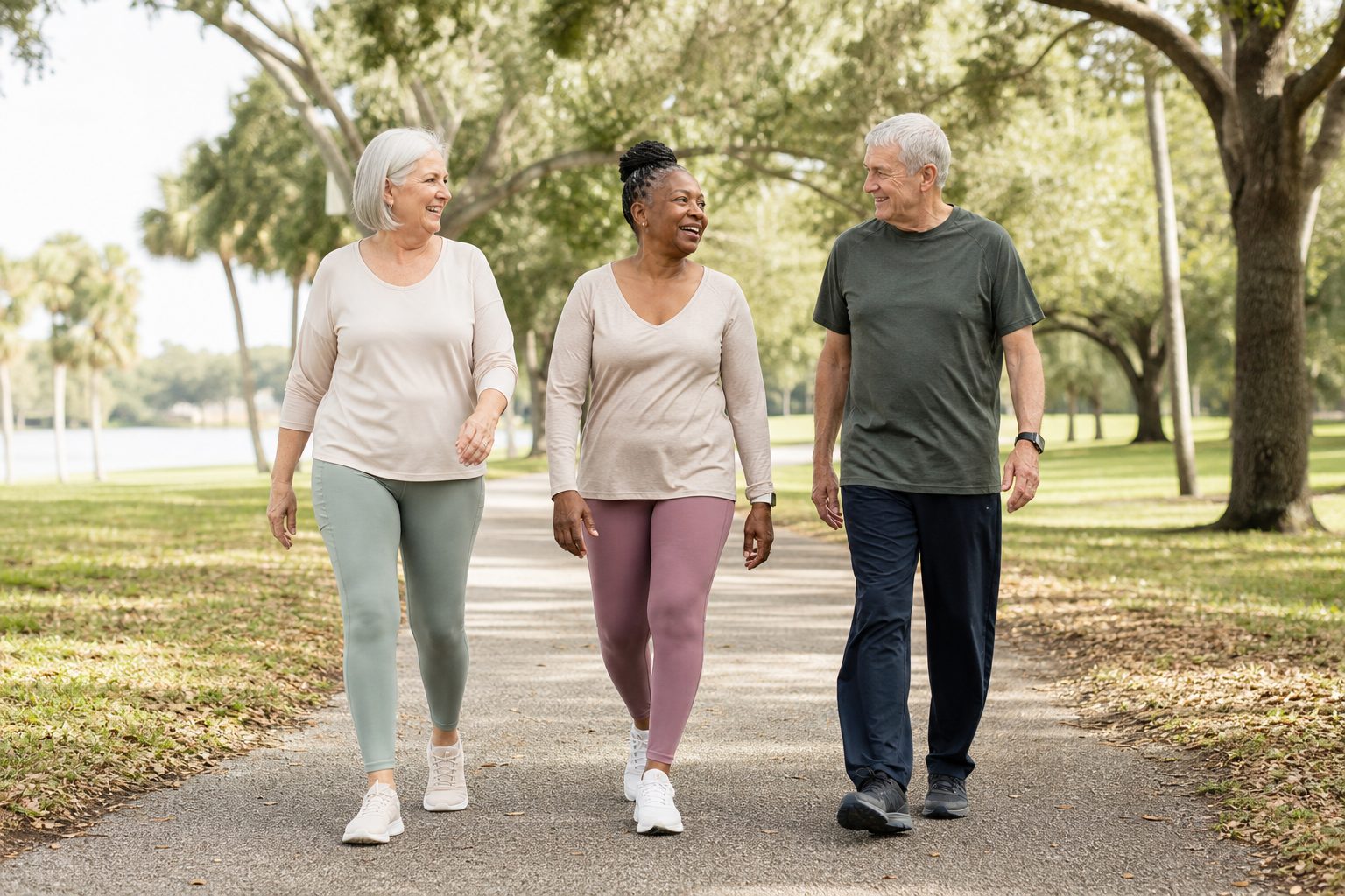 Three older friends walking and talking together on a leafy park path.