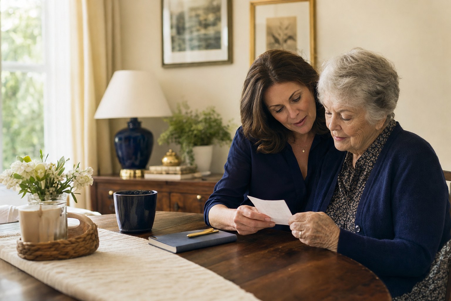 An older parent and adult daughter reviewing notes together at home