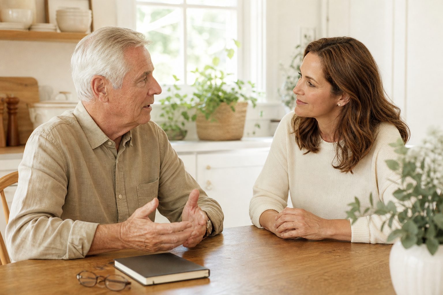 An older father and his adult daughter having a calm conversation at a kitchen table.