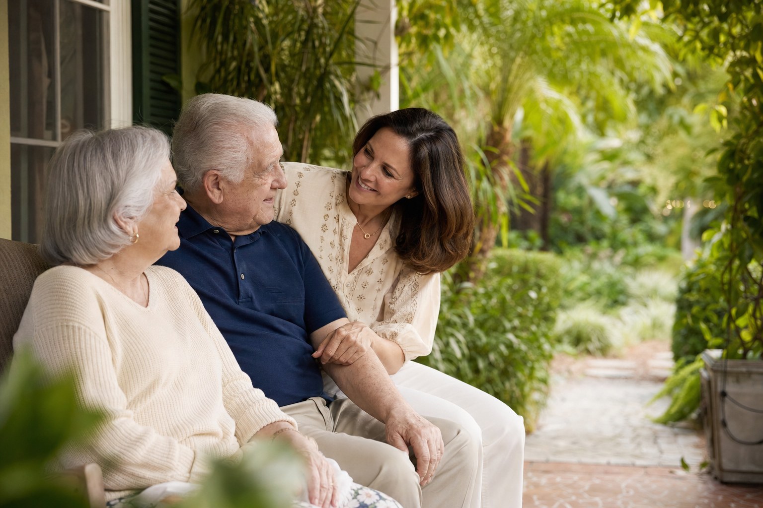 An older couple spending time with their adult daughter