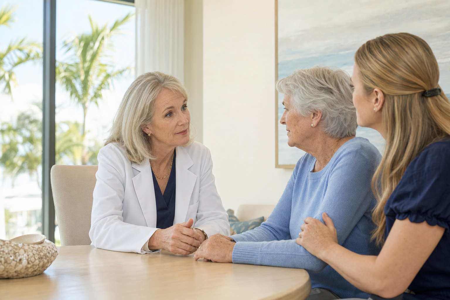 A physician meeting with an older patient and her adult daughter