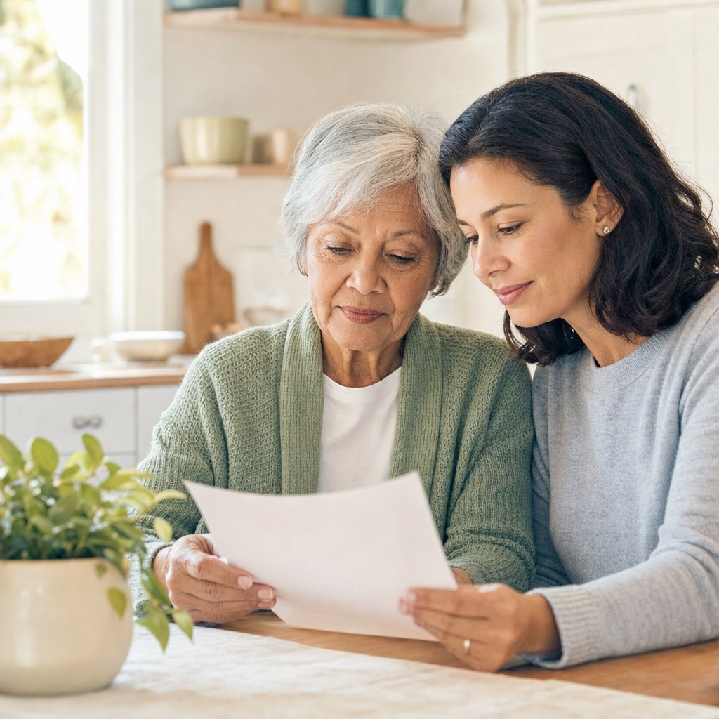 An older adult and family member reviewing a guide together