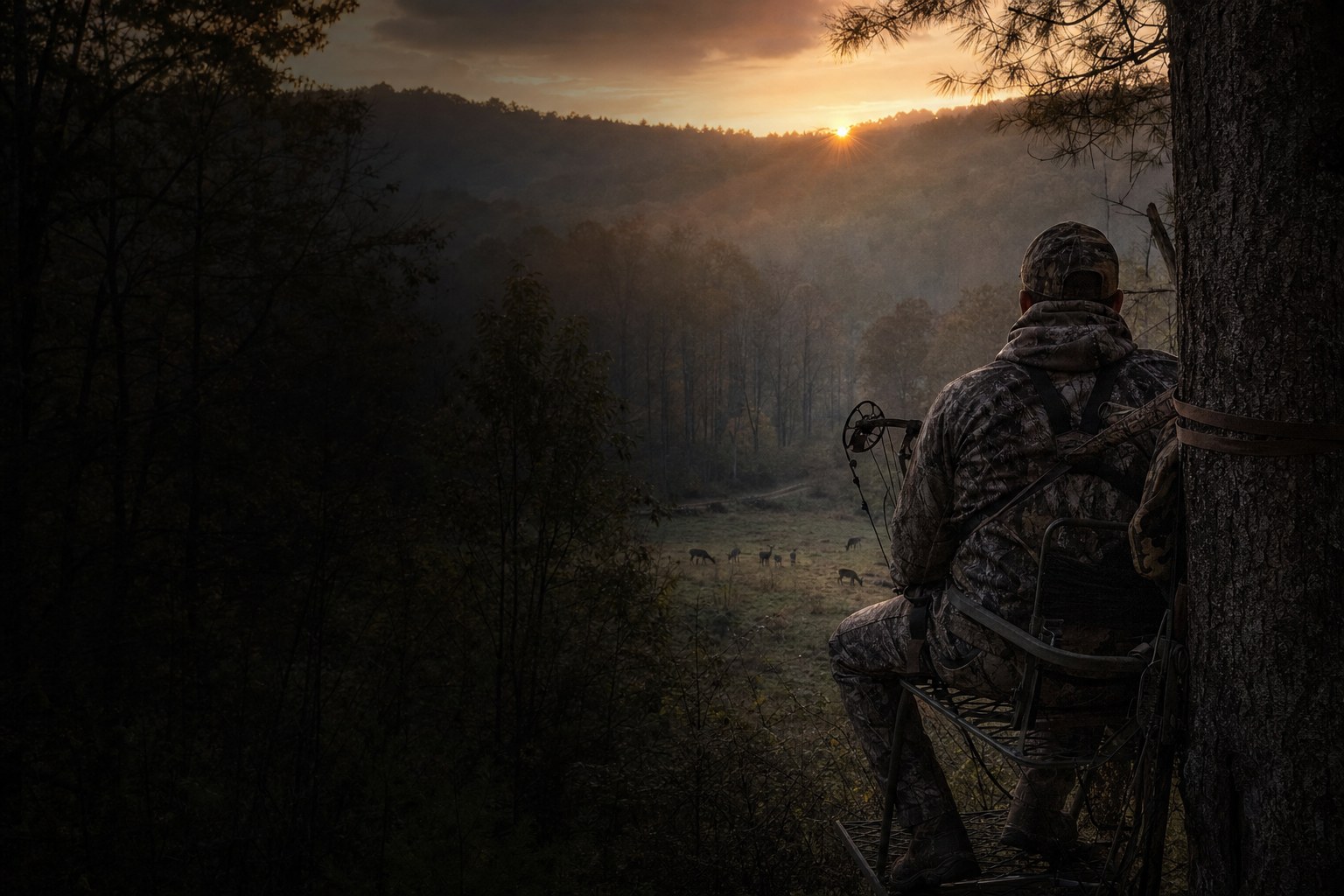 Hunter in a tree stand watching a North Carolina hardwood valley at sunrise