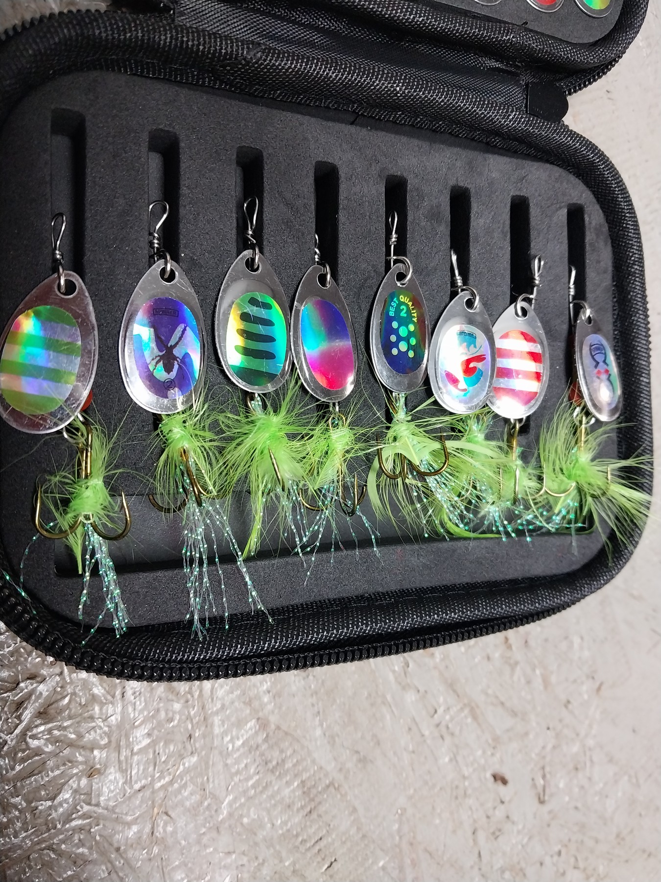 Close view of the colorful spinner bait blades