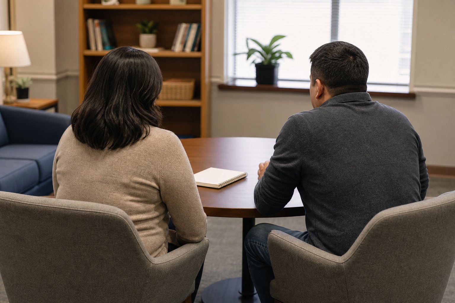 Two adults in a calm conversation across a community office table