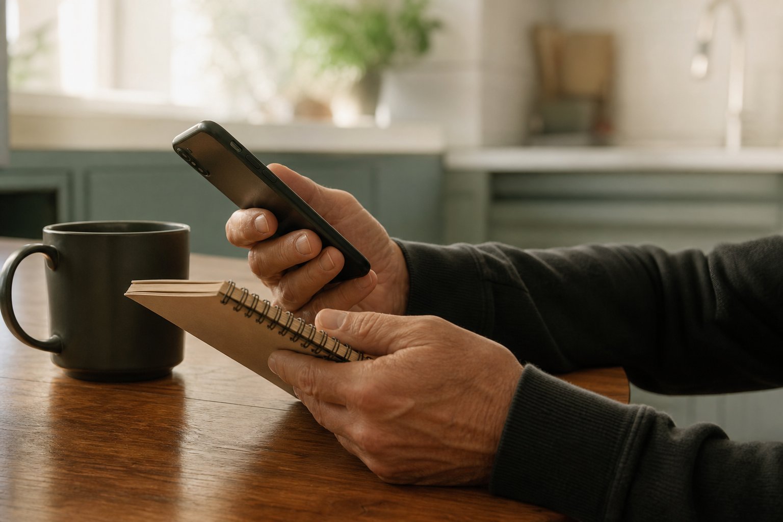 A veteran's hands holding a phone and notebook at a kitchen table