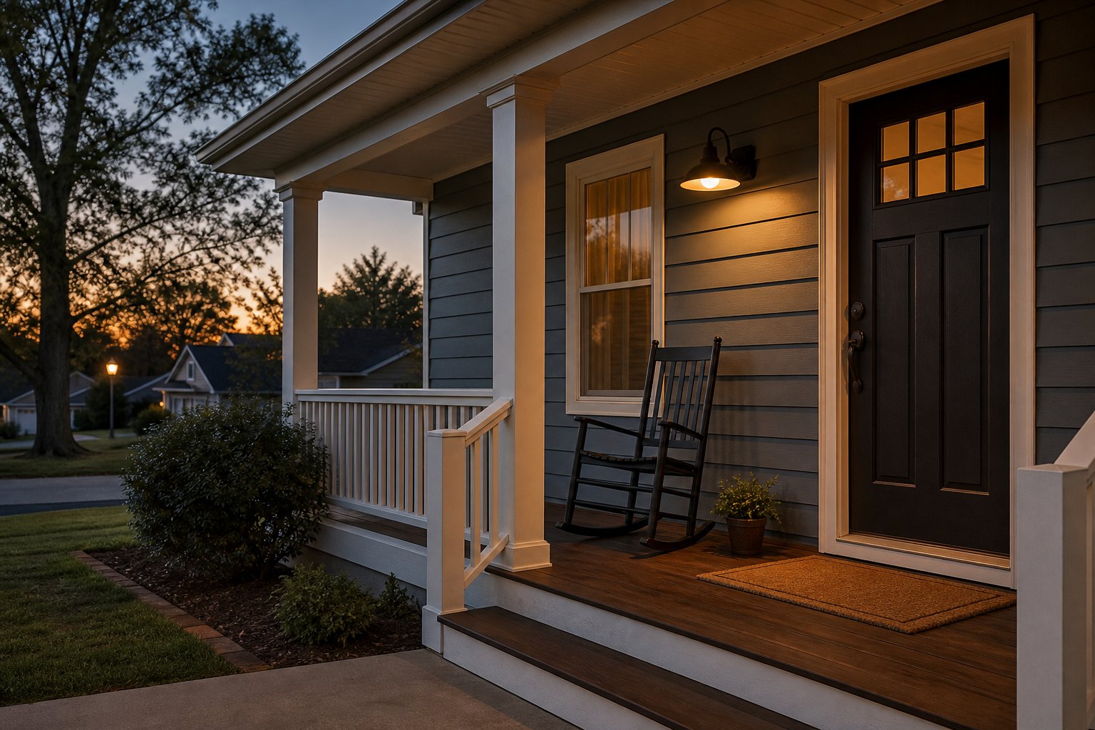 A welcoming front porch at dusk