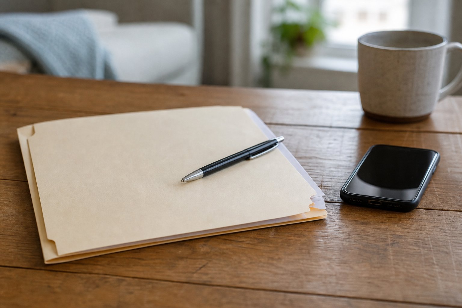 A phone, pen, and folder prepared on a table before a support call