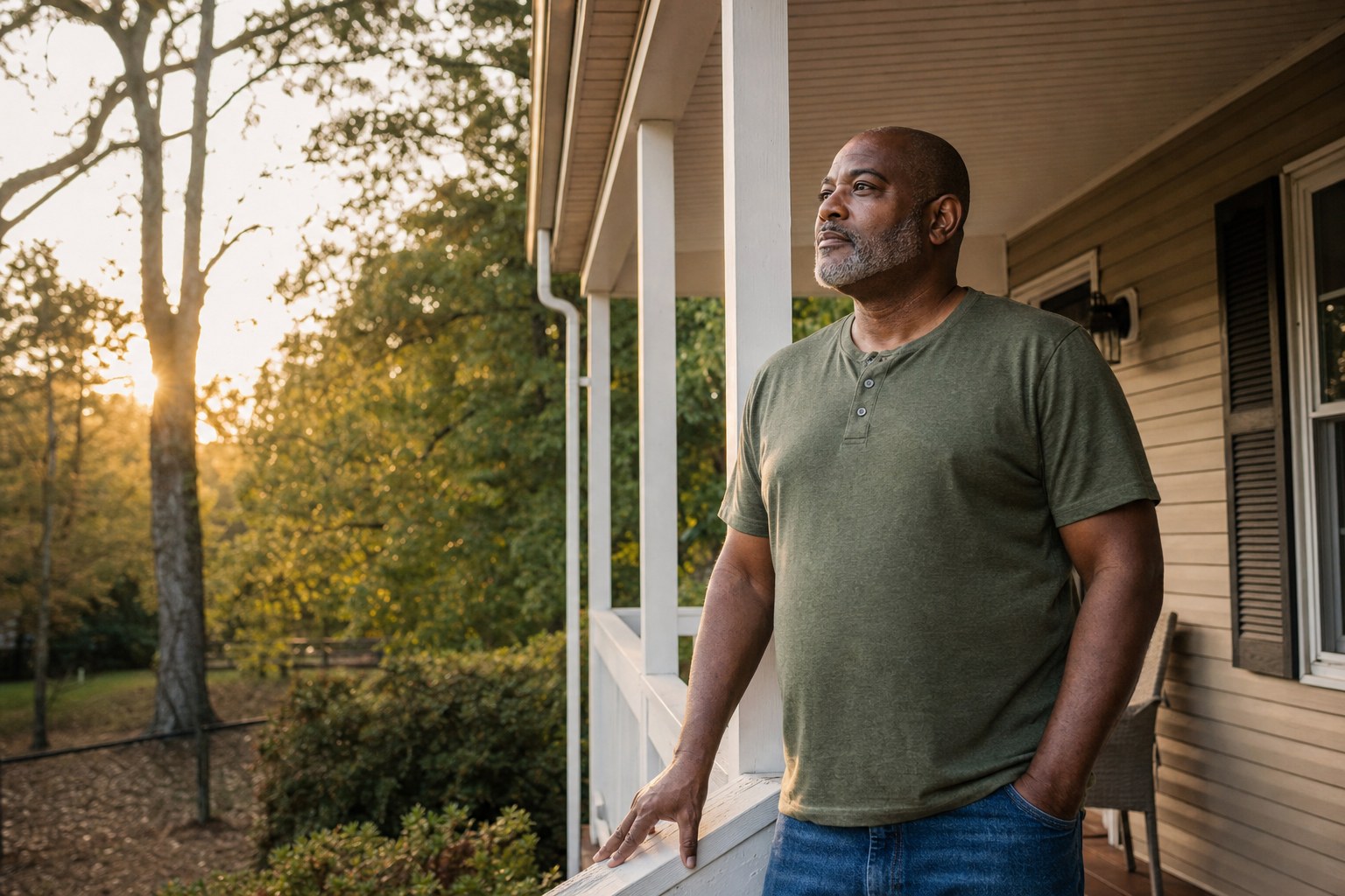 A veteran standing outside a well-kept home at sunset