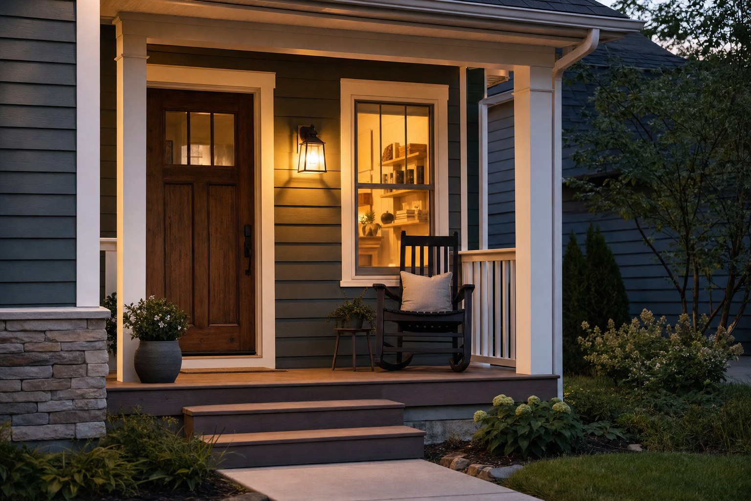 A welcoming home entrance at dusk