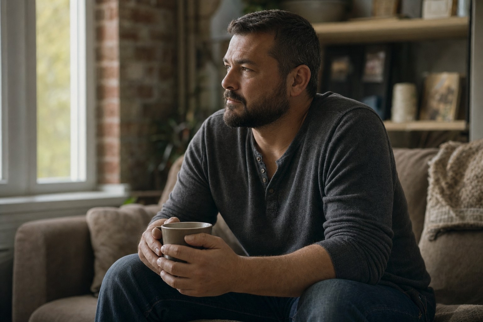 A thoughtful veteran sitting at home with a mug