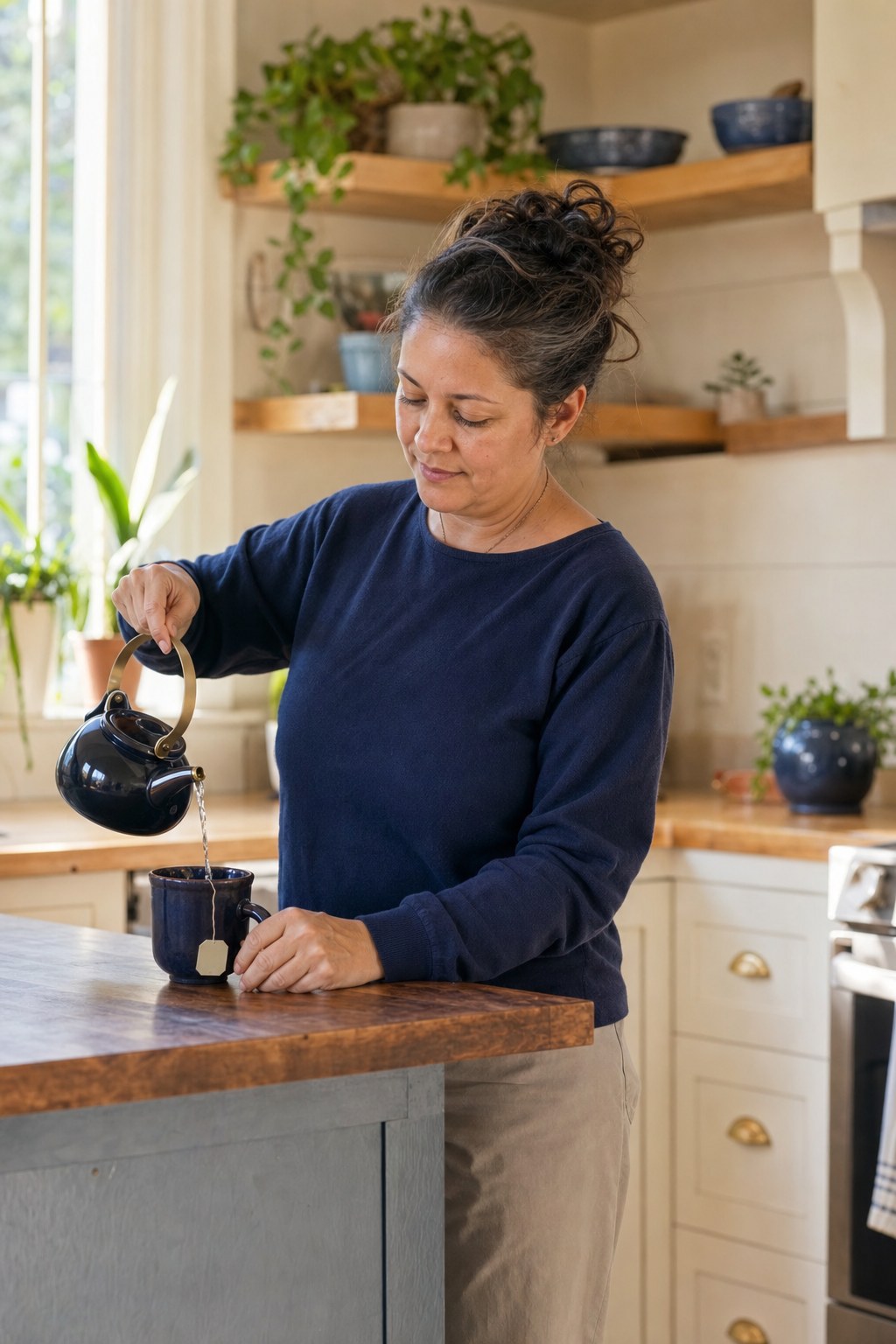 A woman veteran preparing tea in her home kitchen