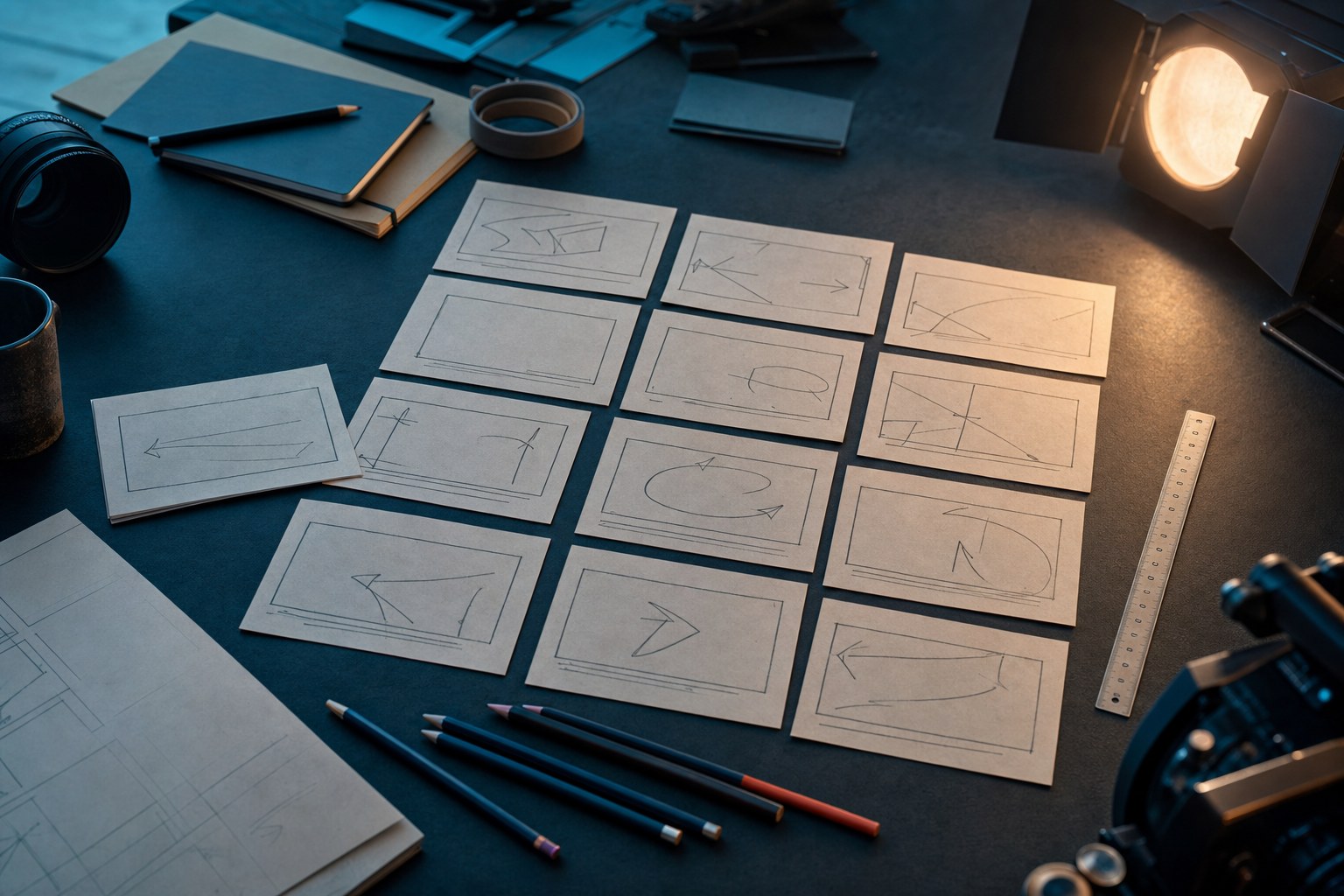 Commercial storyboard frames and production planning materials on a studio worktable