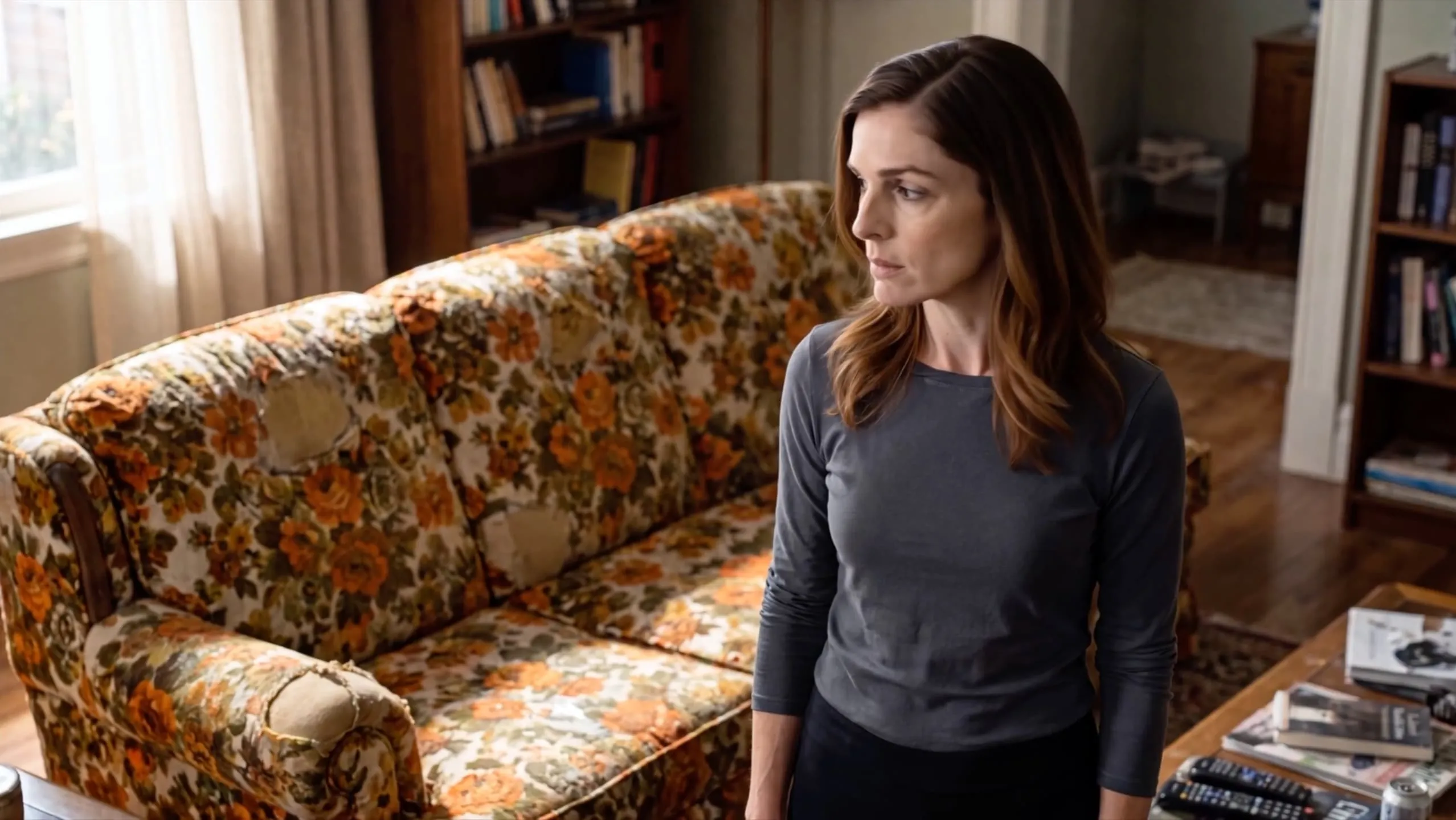 A woman considering a floral sofa in the DeMeyer campaign film