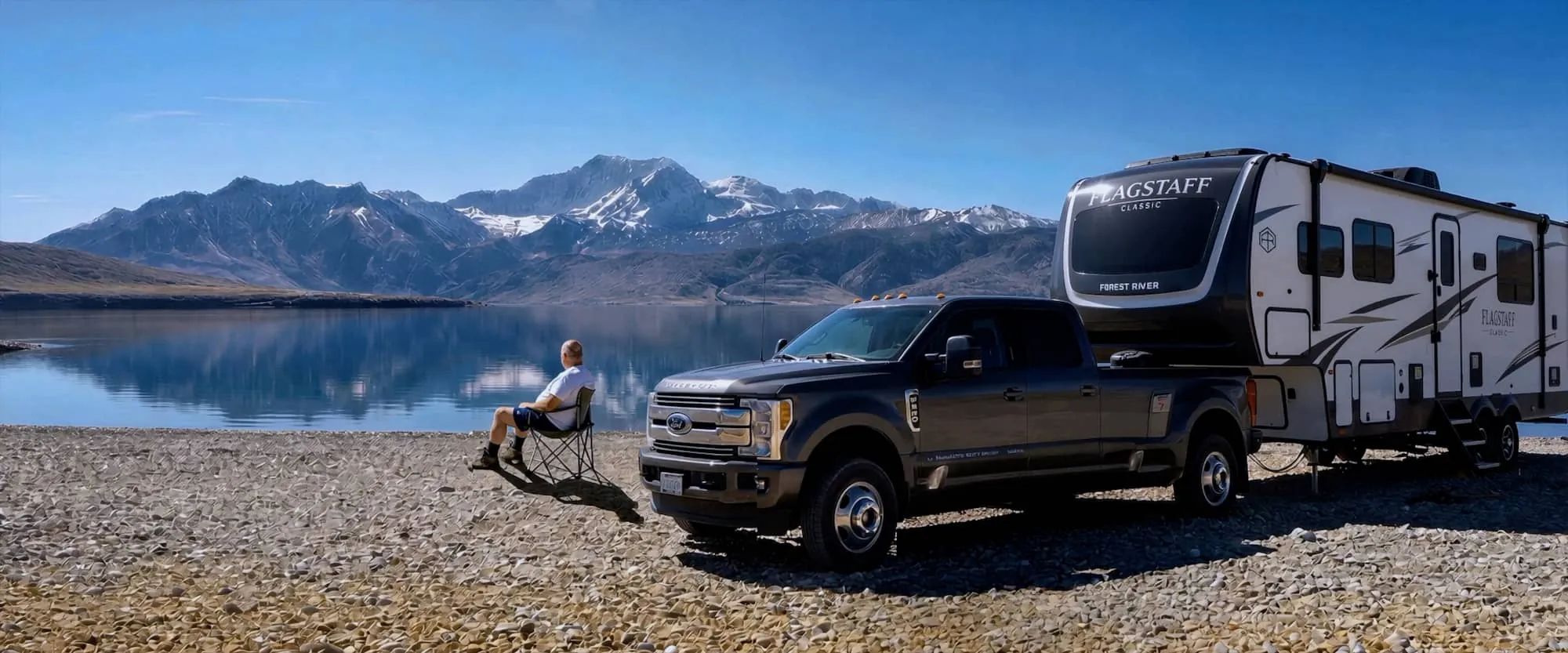 Happy Camper RV parked beside a mountain lake