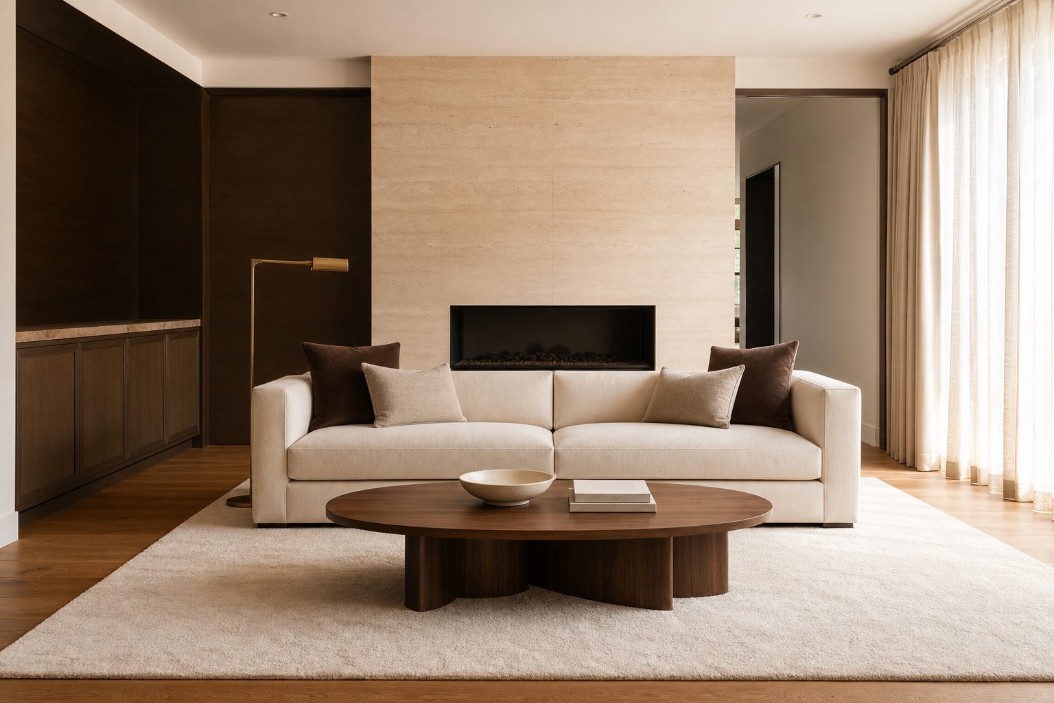 Modern living room with a cream sofa, walnut coffee table, and warm stone fireplace