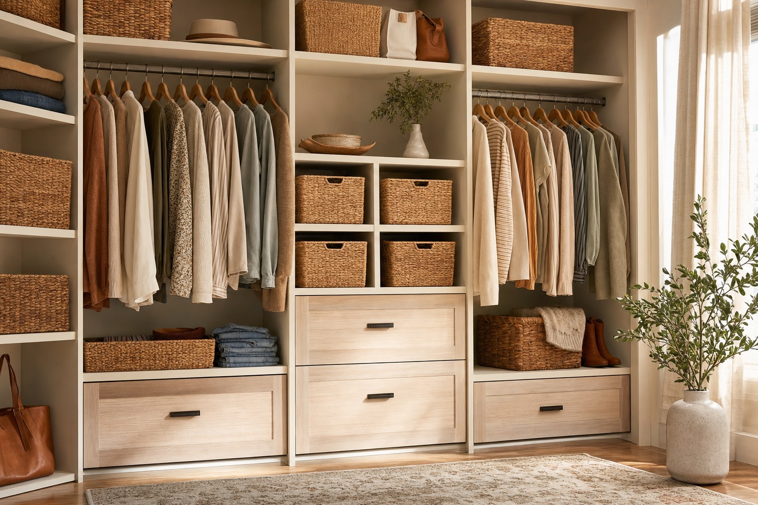 Organized closet with baskets and clothing
