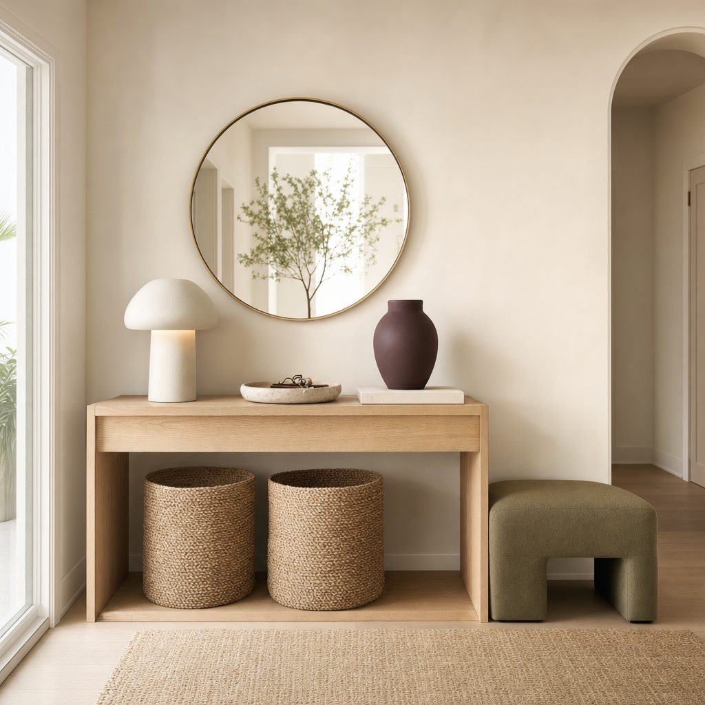 Contemporary oak entry console with neatly arranged storage baskets