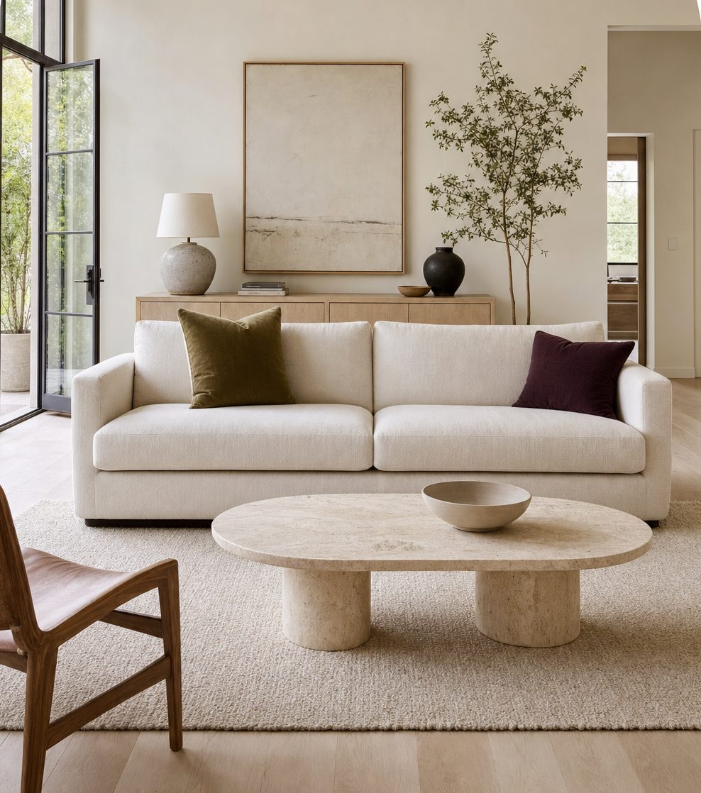 Bright contemporary living room with cream upholstery and light oak furnishings