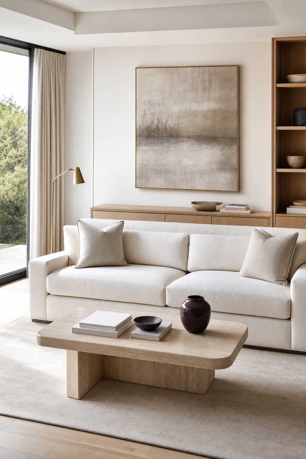 Modern living room with a tailored cream sofa, stone coffee table, and brass lamp