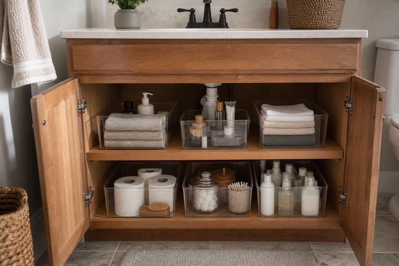 Bathroom vanity cabinet organized with clear bins, towels, and everyday toiletries