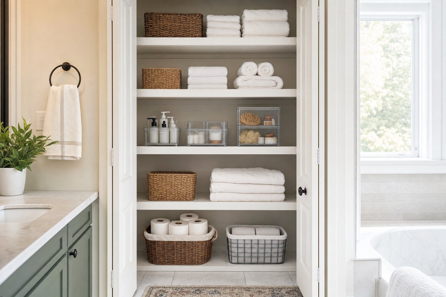 Bathroom linen closet organized with folded towels, baskets, and clear storage bins