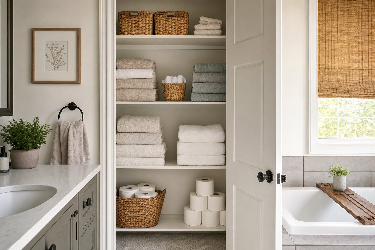 Small bathroom linen closet with towels and supplies placed by how often they are used