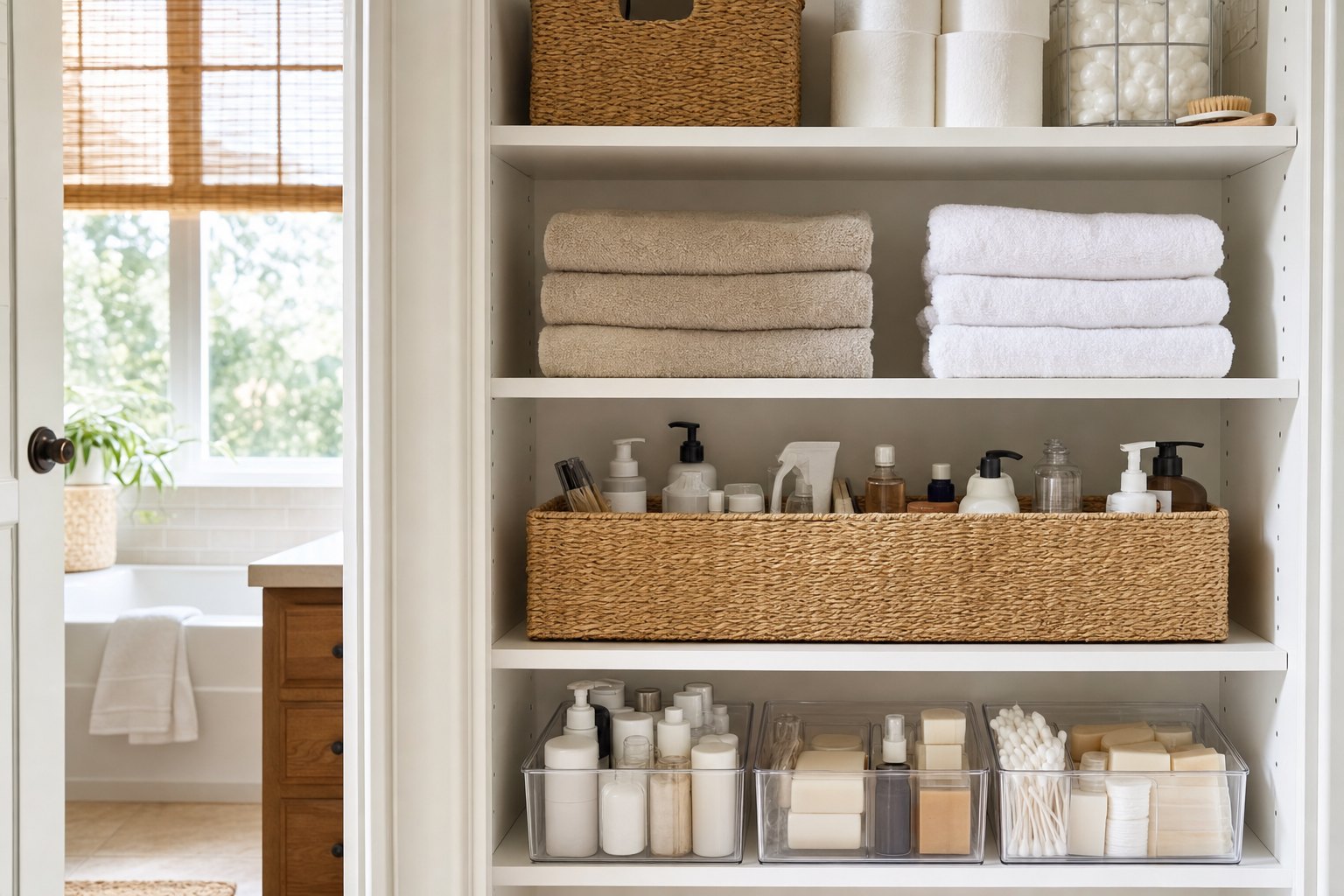 Bathroom closet shelves arranged in clear zones for towels, toiletries, and backstock