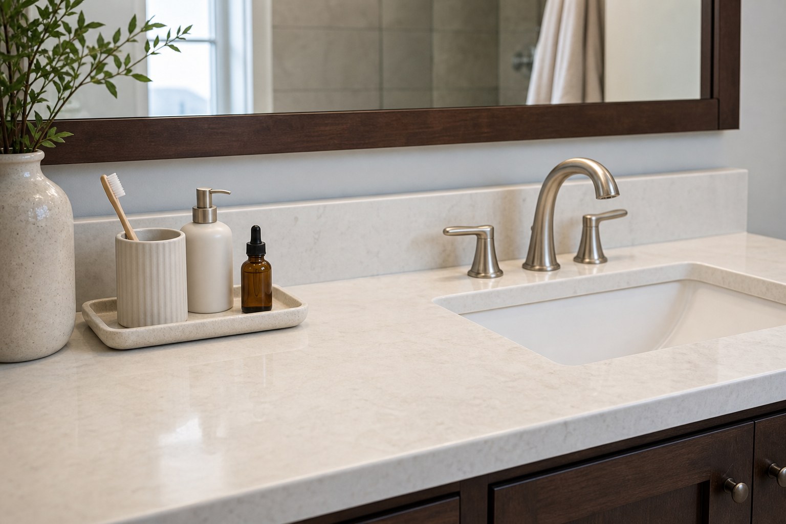 Bathroom counter with a small daily-use tray and clear sink space